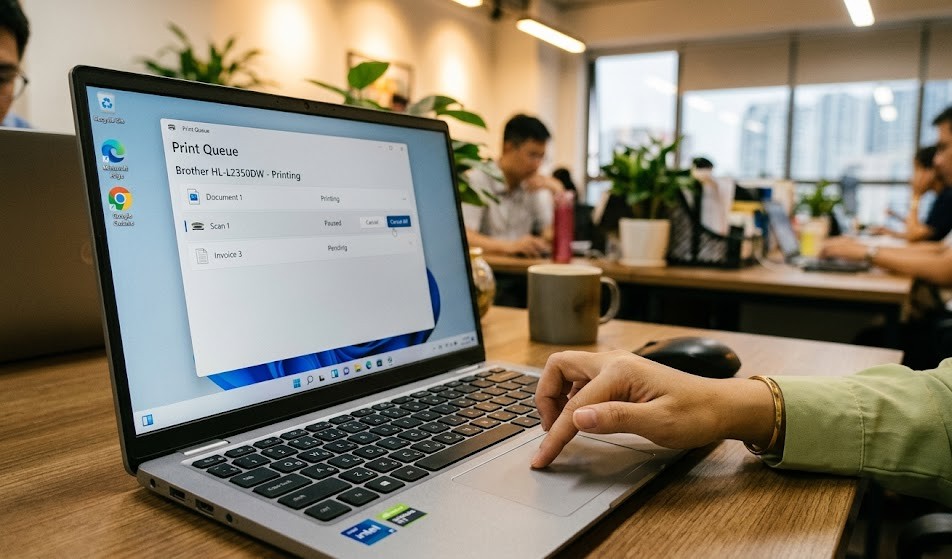 Màn hình Windows hiển thị hàng đợi lệnh in đang chờ xử lý
